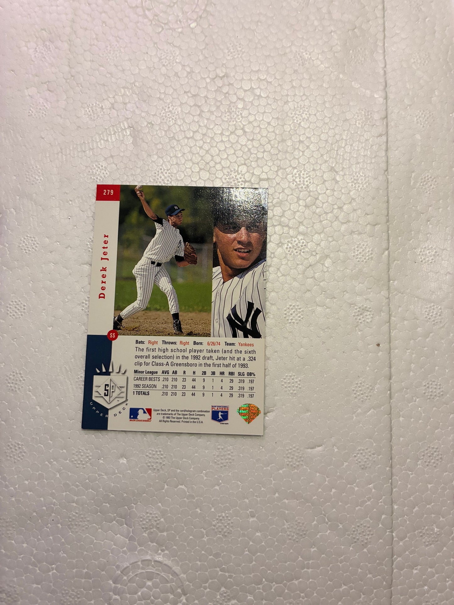 1993 Upper Deck SP Derek Jeter Rookie #279 Premier Prospects – Yankees HOF – Rare