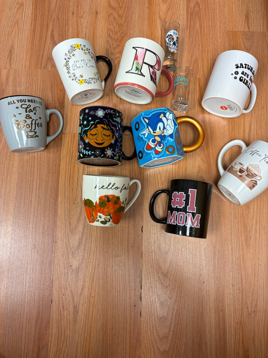 "Lot of 9 novelty coffee mugs + 2 shot glasses