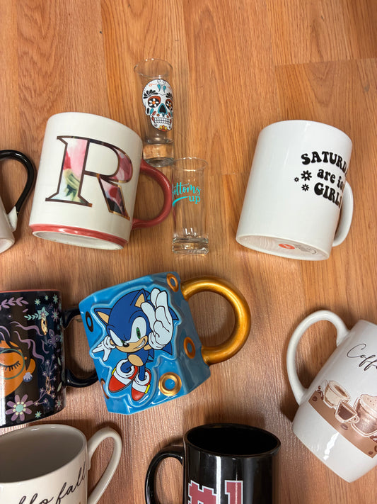 "Lot of 9 novelty coffee mugs + 2 shot glasses